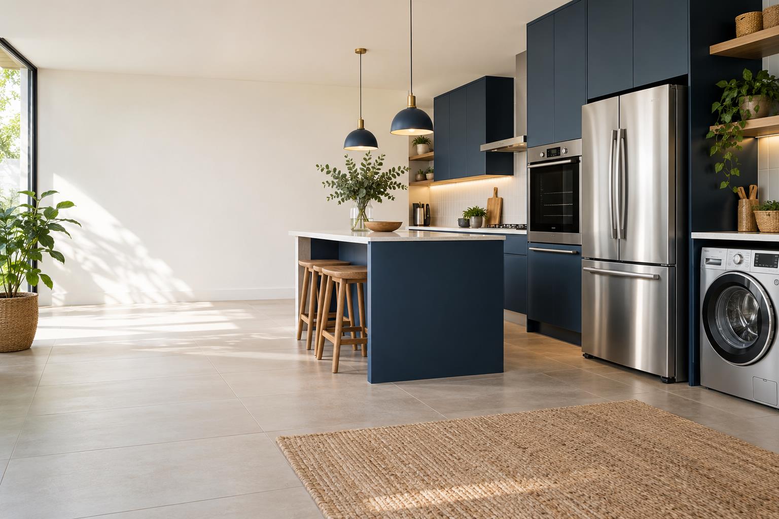 Modern kitchen with refrigerator, oven and washing machine